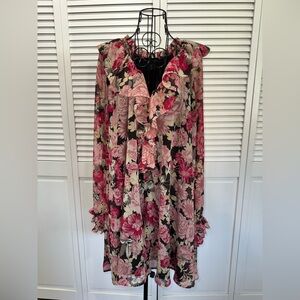 House of Harlow 1960🌺Pink Black Floral Print Ruffle Chiffon Mini Dress Size M